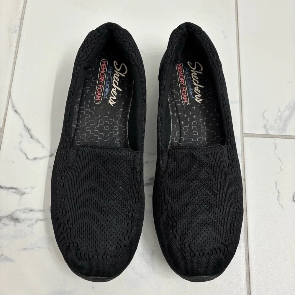 Skechers Reggae Fest Slip On Shoes Black Mesh Womens 10 Memory Foam Sole 158095